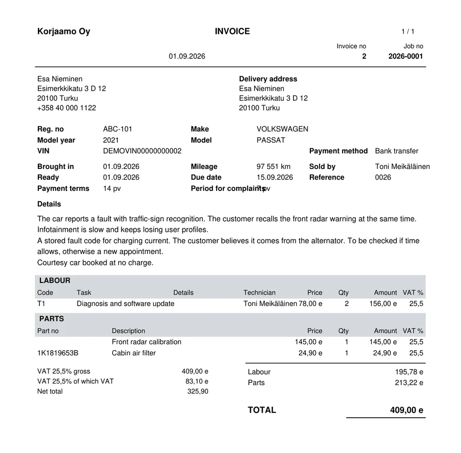 Invoice as a PDF: labour and parts itemised, VAT broken out, total.