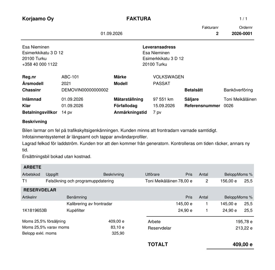 Faktura som PDF: arbete och delar specificerade, moms uppdelad, slutsumma.