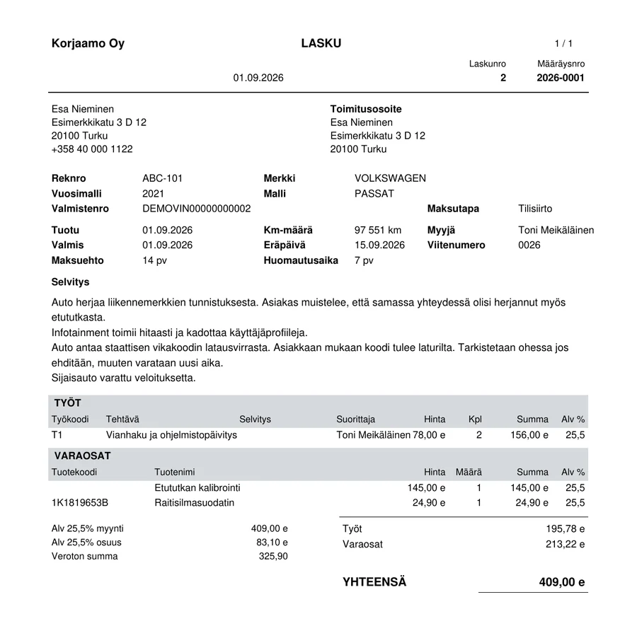 Lasku PDF:nä: työt ja varaosat erikseen, alv-erittely ja loppusumma.