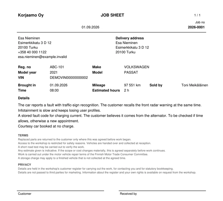 Work order as a PDF: customer, vehicle, description, terms and signature lines.