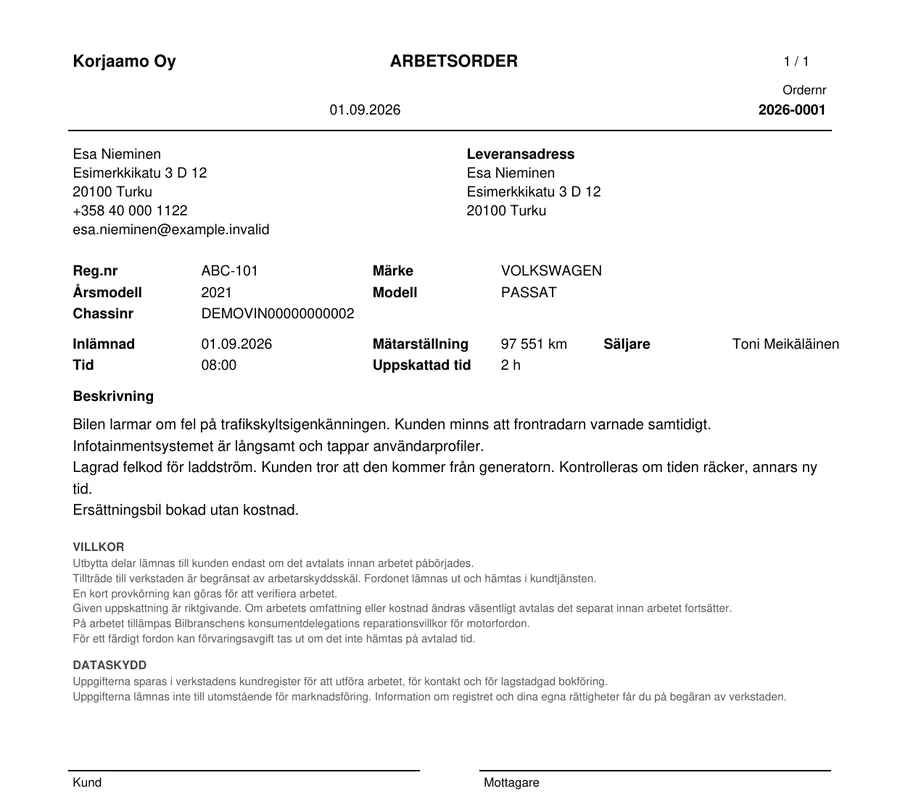 Arbetsorder som PDF: kund, fordon, arbetsbeskrivning, villkor och signaturrader.
