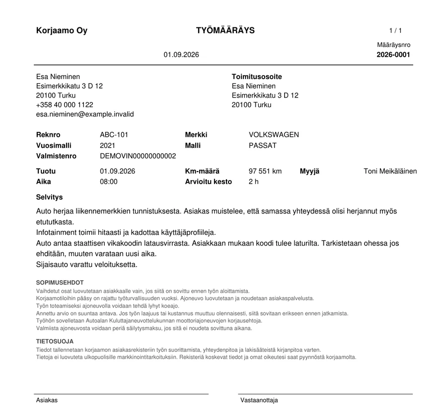 Työmääräys PDF:nä: asiakas, ajoneuvo, selvitys, sopimusehdot ja allekirjoitusrivit.