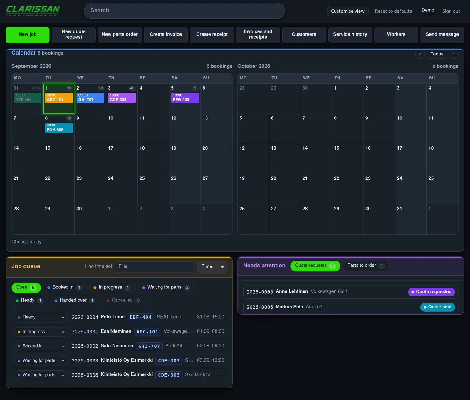 Clarissan's job board: a two-month calendar, the job queue by status, and quote requests needing action, in one view.